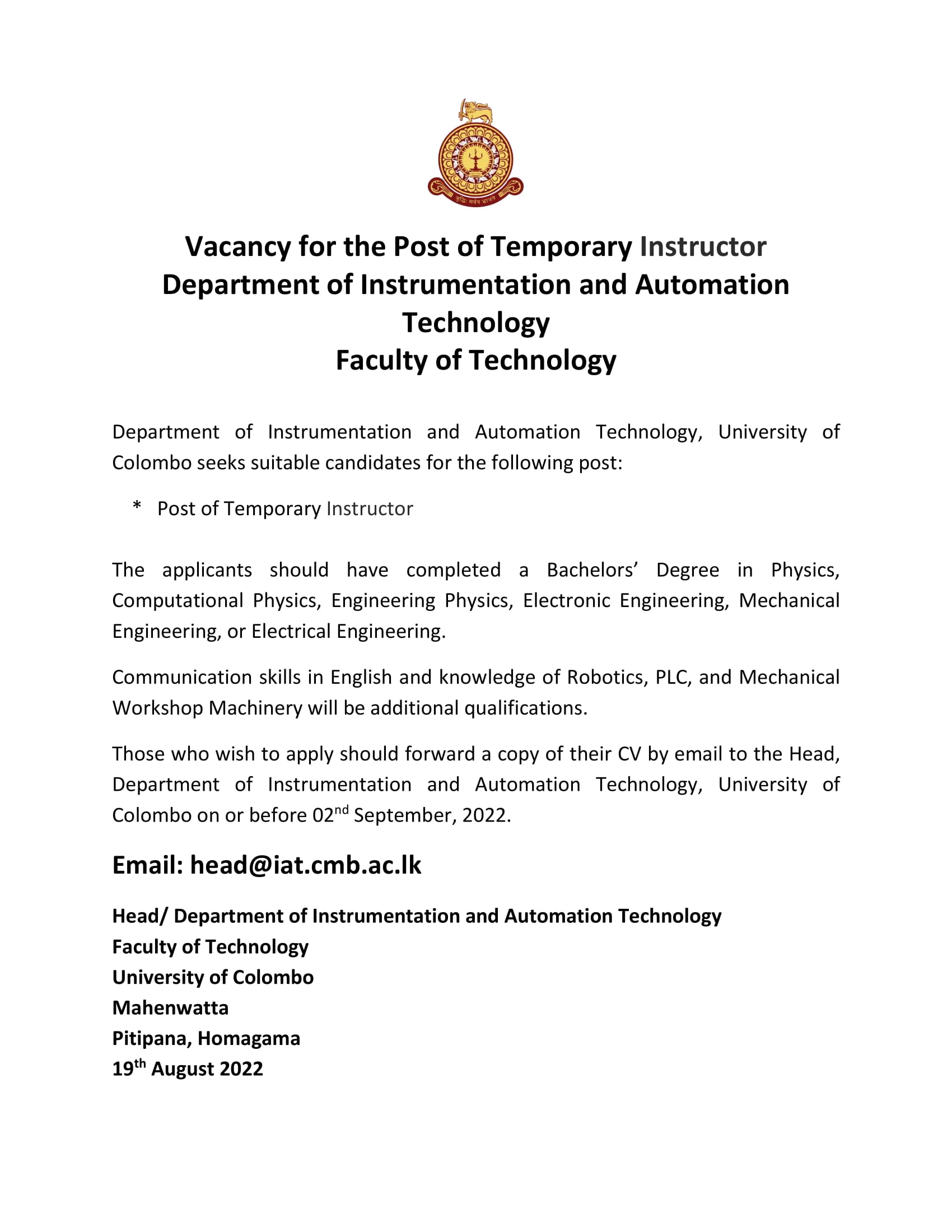 Vacancy for the Post of Temporary Instructor (Department of Instrumentation and Automation Technology)