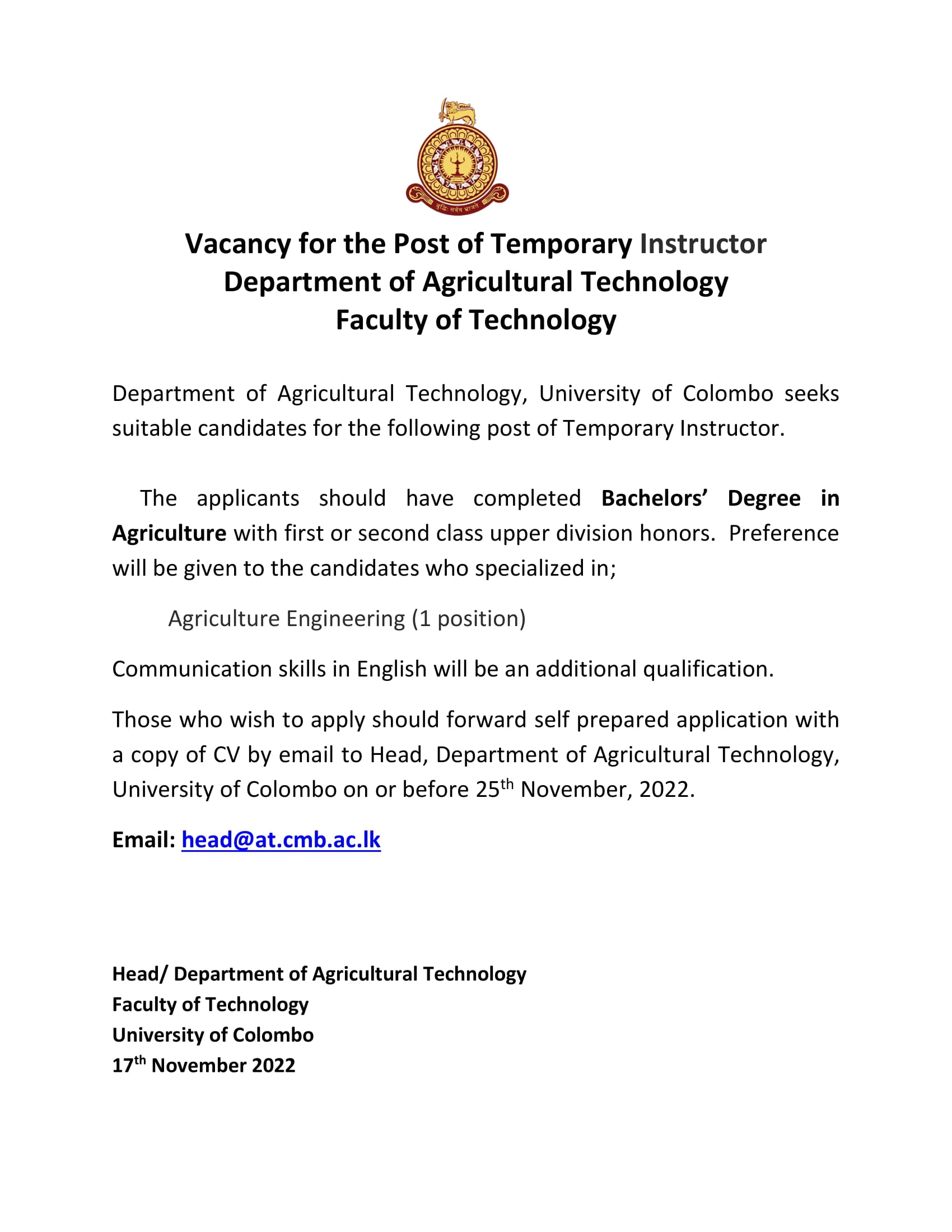 Vacancy for the Post of Temporary Instructor (Department of Agricultural Technology)
