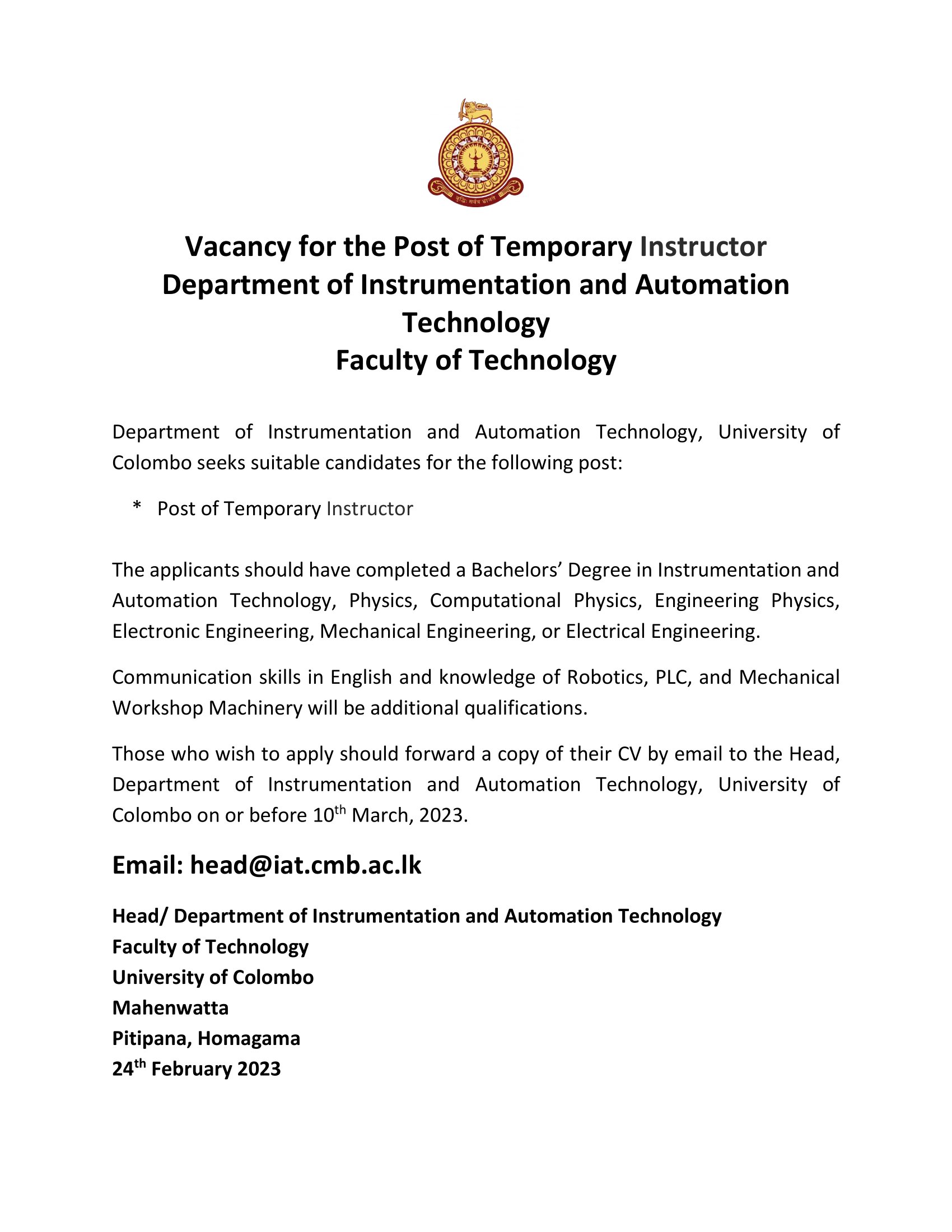 Vacancy for the Post of Temporary Instructor (Department of Instrumentation and Automation  Technology)
