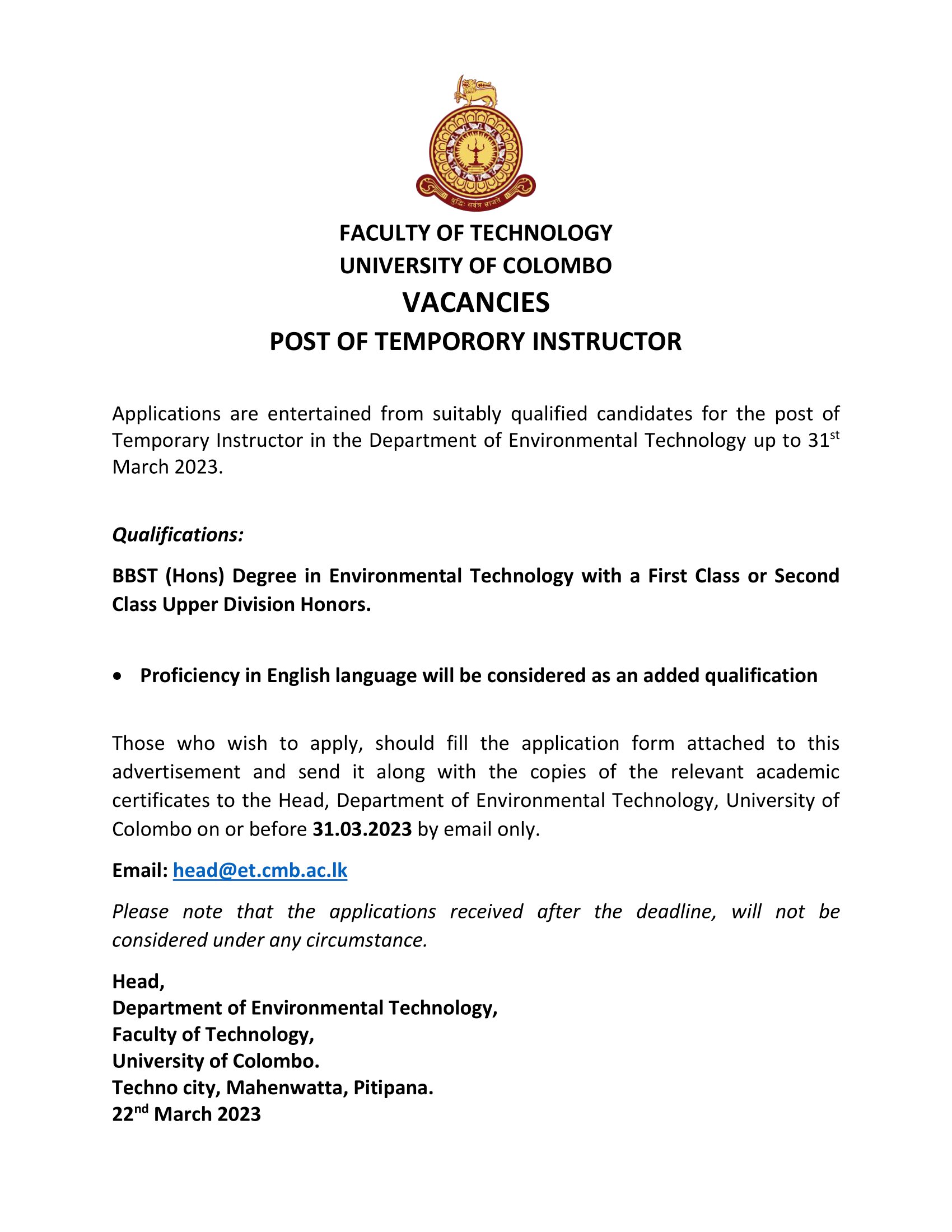 Vacancy for the Post of Temporary Instructor (Department of Environmental Technology)