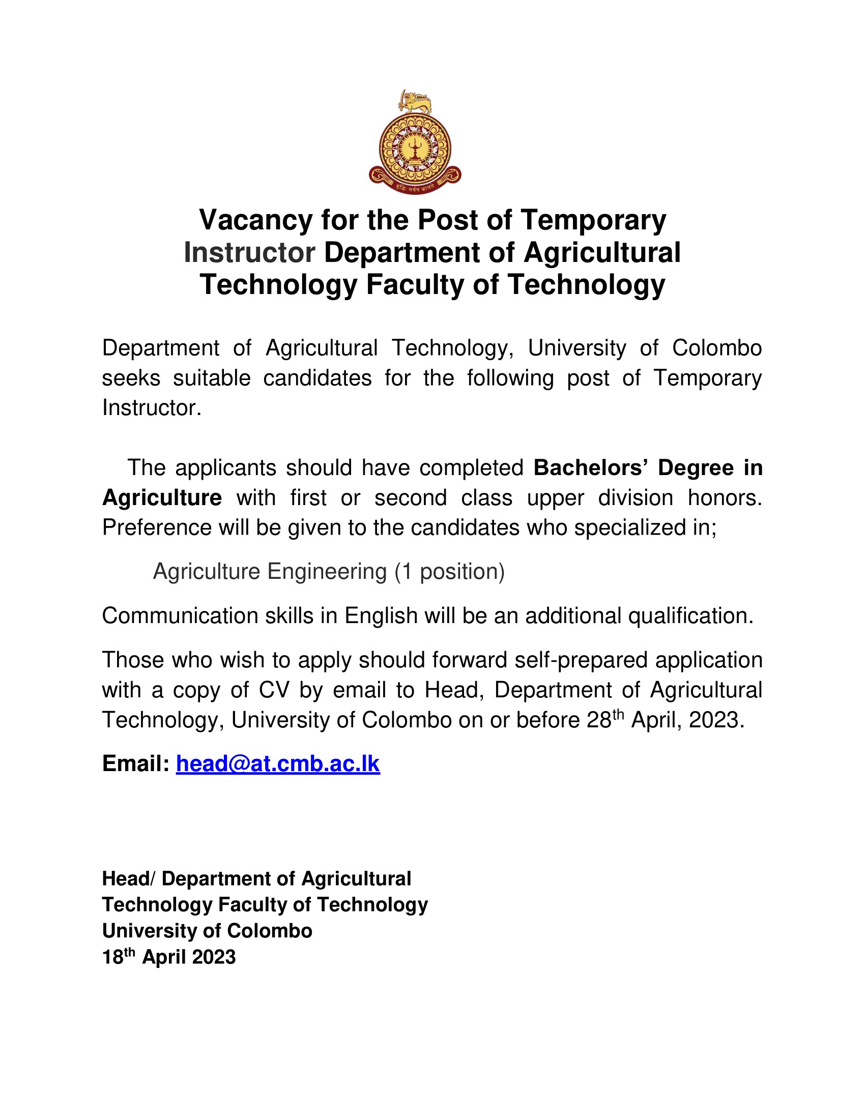 Vacancy for the Post of Temporary Instructor (Department of Agricultural  Technology)