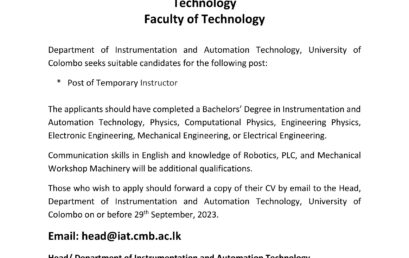Vacancy for the Post of Temporary Instructor (Department of Instrumentation and Automation  Technology)