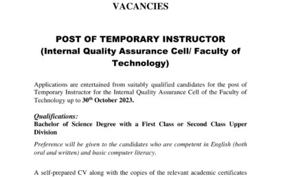 POST OF TEMPORARY INSTRUCTOR (Internal Quality Assurance Cell/ Faculty of  Technology)