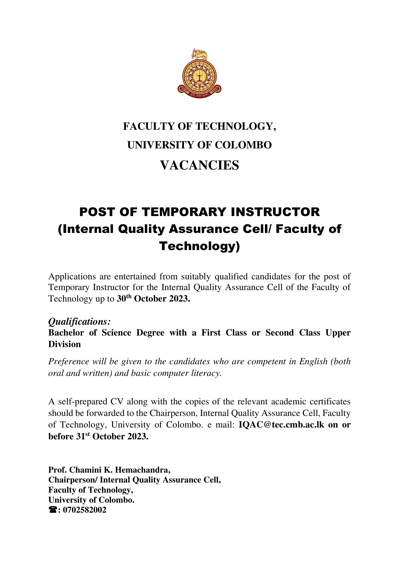 POST OF TEMPORARY INSTRUCTOR (Internal Quality Assurance Cell/ Faculty of  Technology)