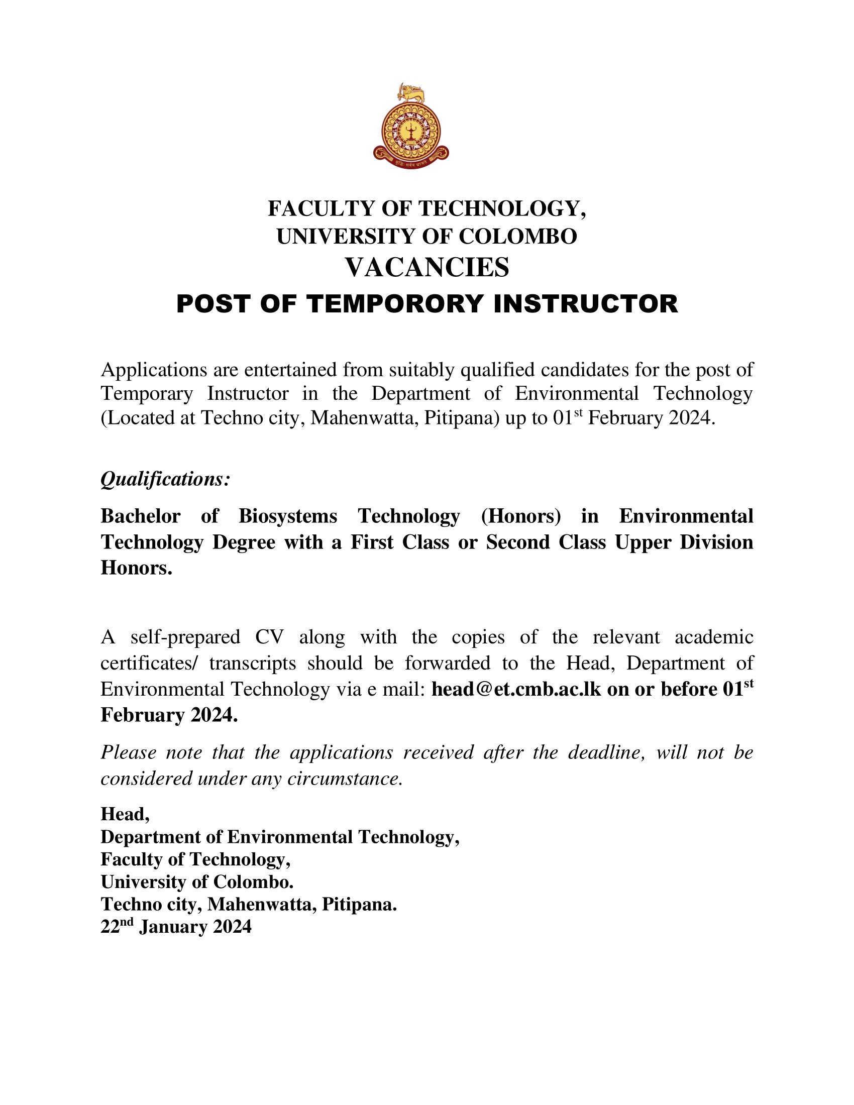 POST OF TEMPORORY INSTRUCTOR