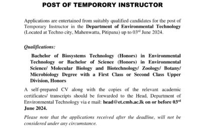 VACANCIES – POST OF TEMPORORY INSTRUCTOR