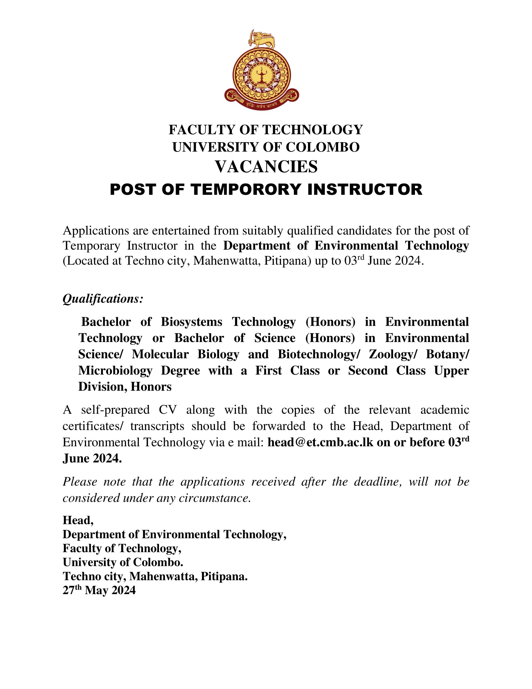 VACANCIES – POST OF TEMPORORY INSTRUCTOR