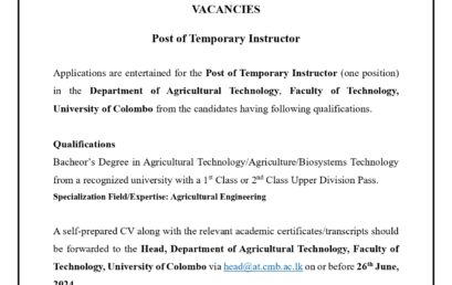 VACANCY – POST OF TEMPORORY INSTRUCTOR (AT – 2)