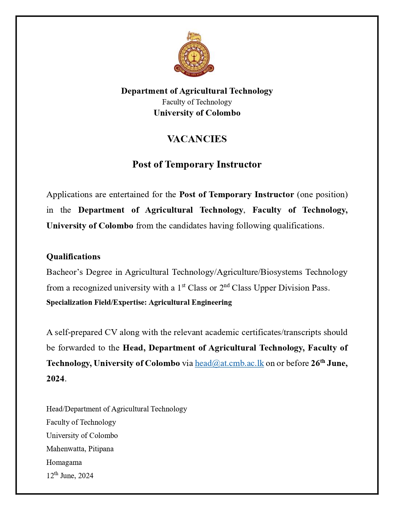 VACANCY – POST OF TEMPORORY INSTRUCTOR (AT – 2)