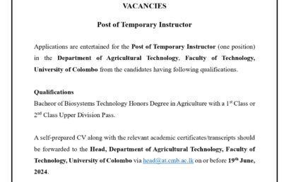 VACANCY – POST OF TEMPORORY INSTRUCTOR (AT – 1)