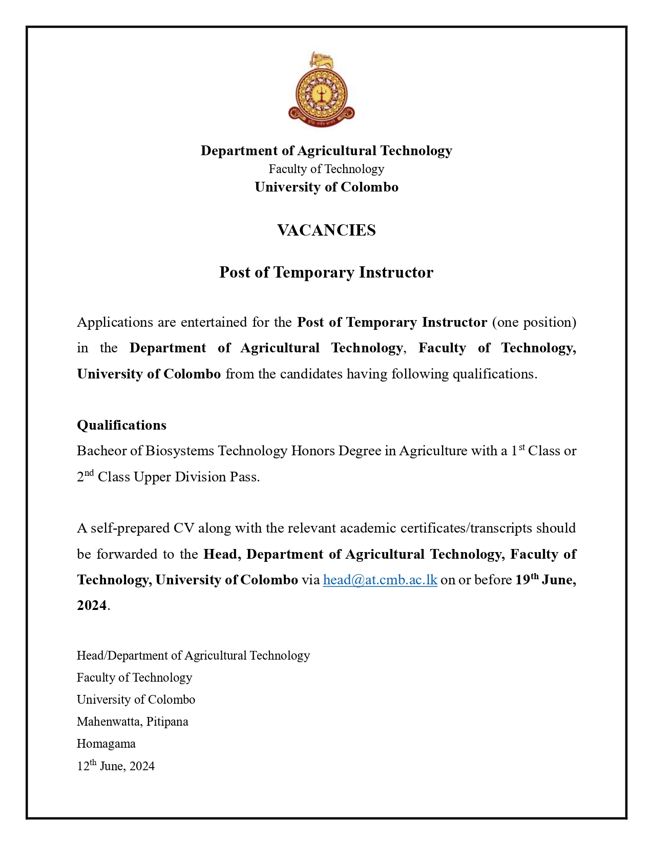 VACANCY – POST OF TEMPORORY INSTRUCTOR (AT – 1)