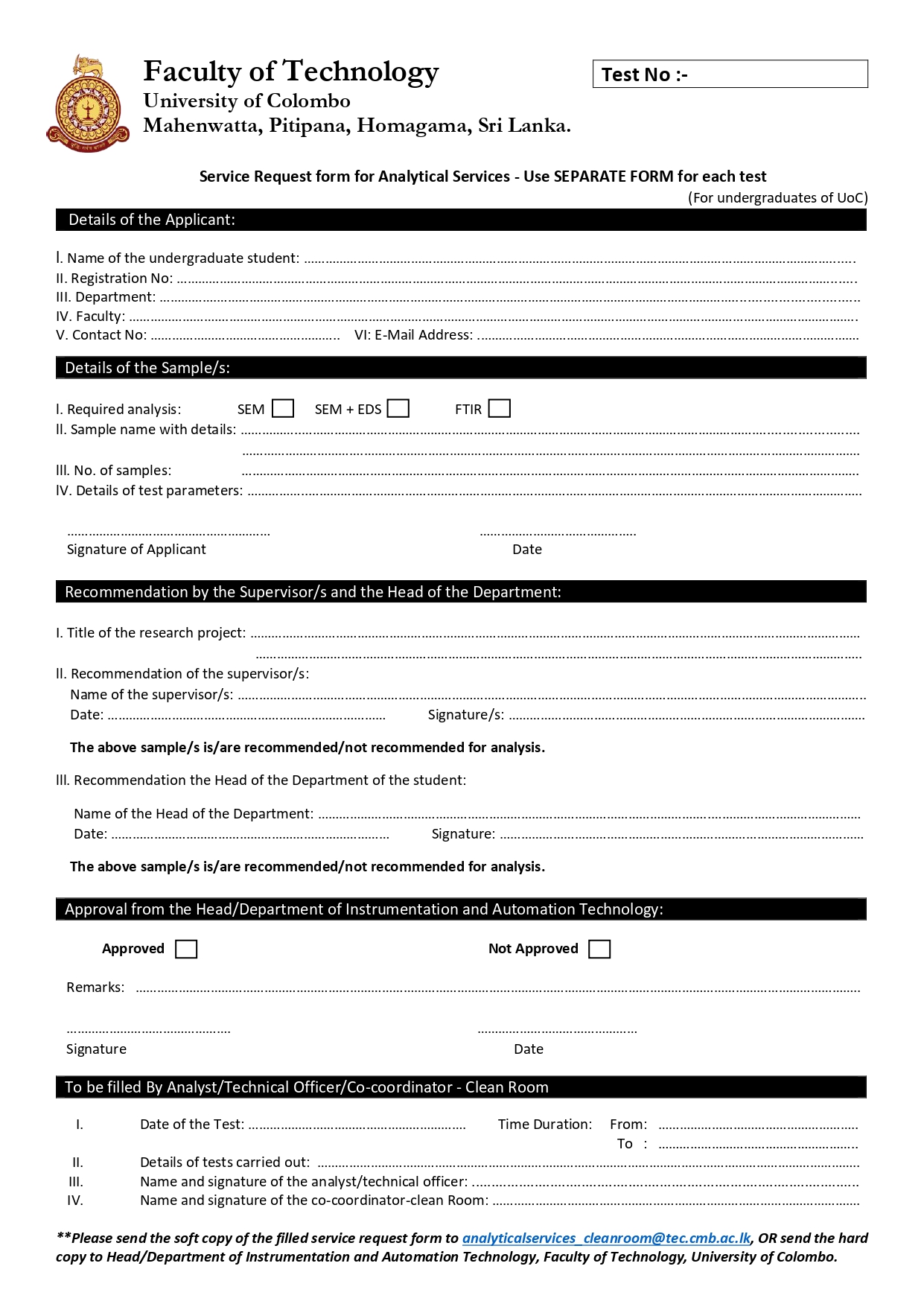 Service Request form for Analytical Services (For undergraduates of UoC)