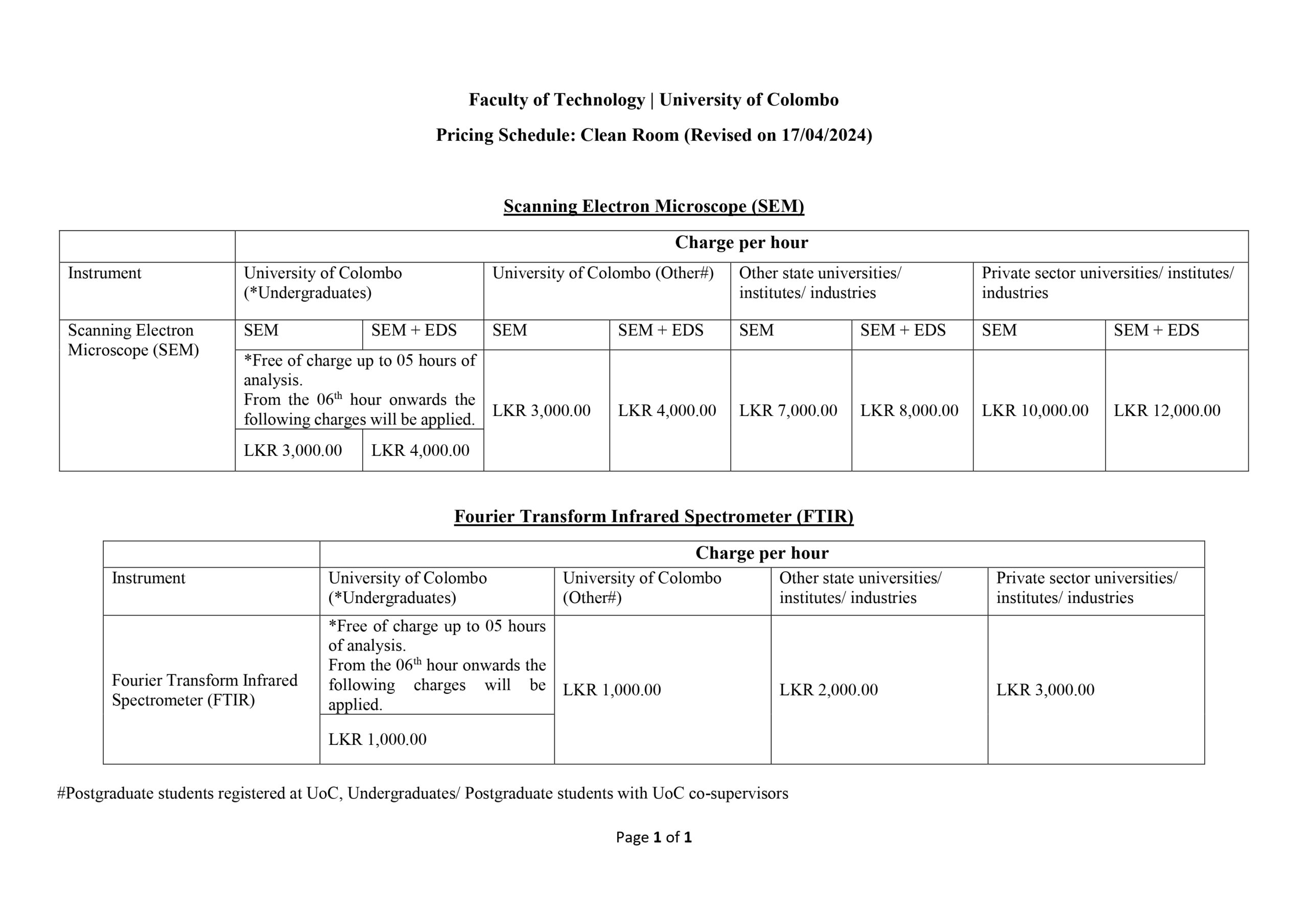 Pricing Schedule: Clean Room (SEM and FTIR)