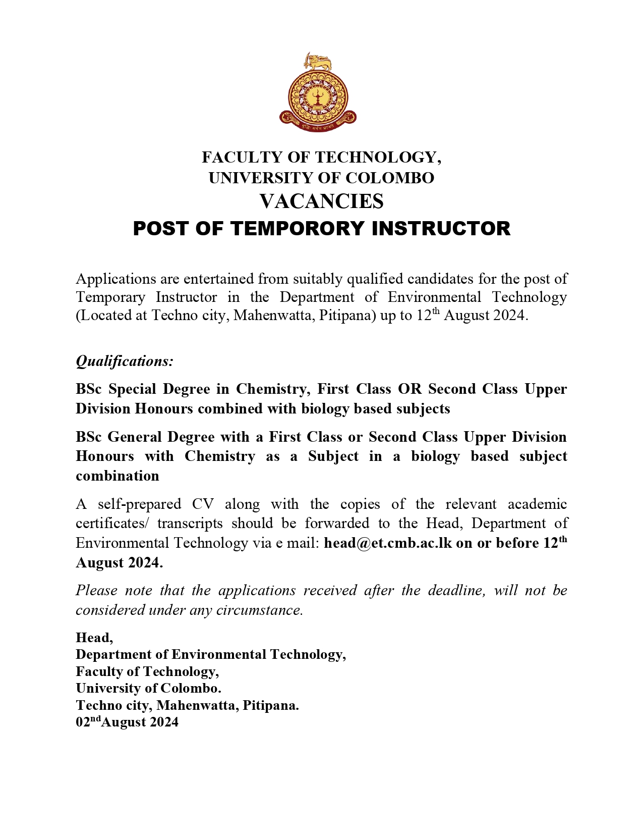 VACANCY – POST OF TEMPORORY INSTRUCTOR