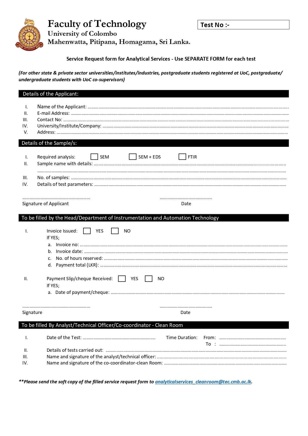 Service Request form for Analytical Services (Postgraduates and Other)