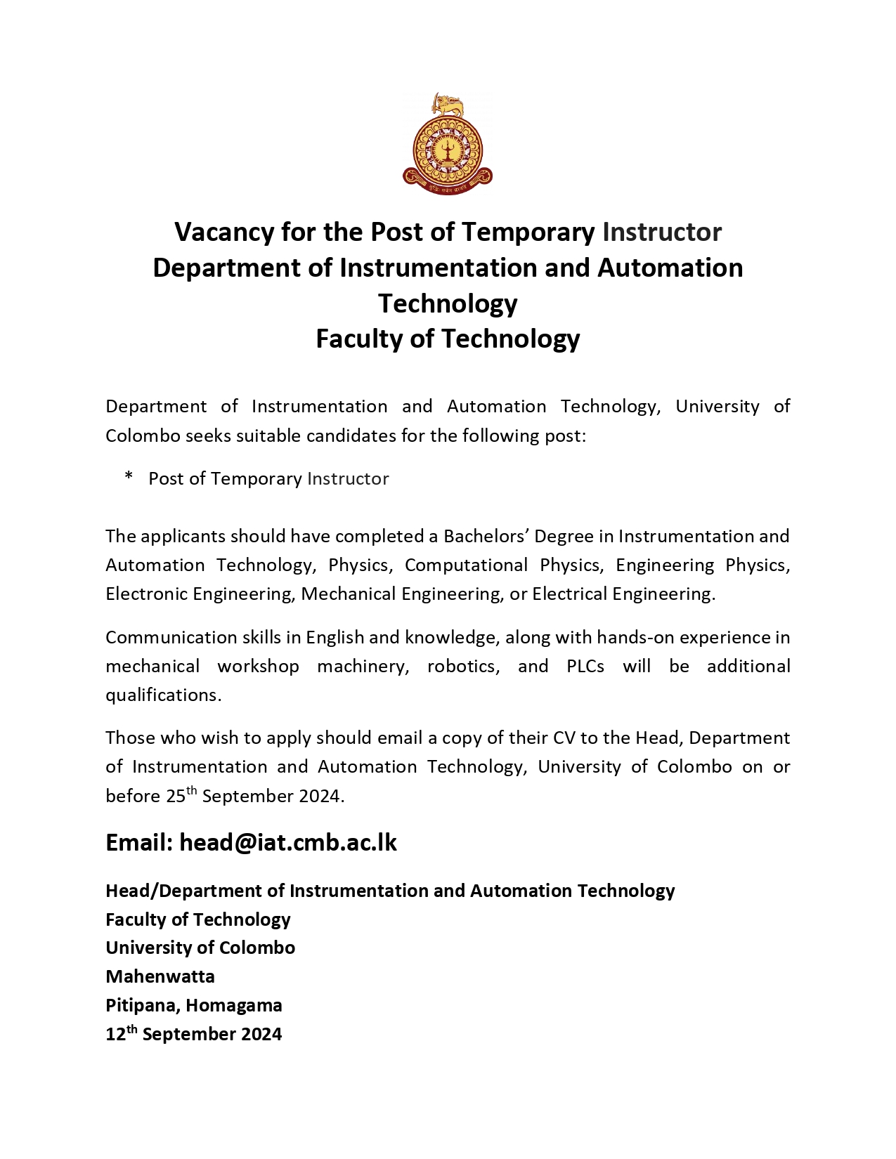 VACANCY – POST OF TEMPORORY INSTRUCTOR (IAT)