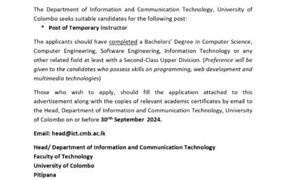 VACANCY – POST OF TEMPORORY INSTRUCTOR (ICT)