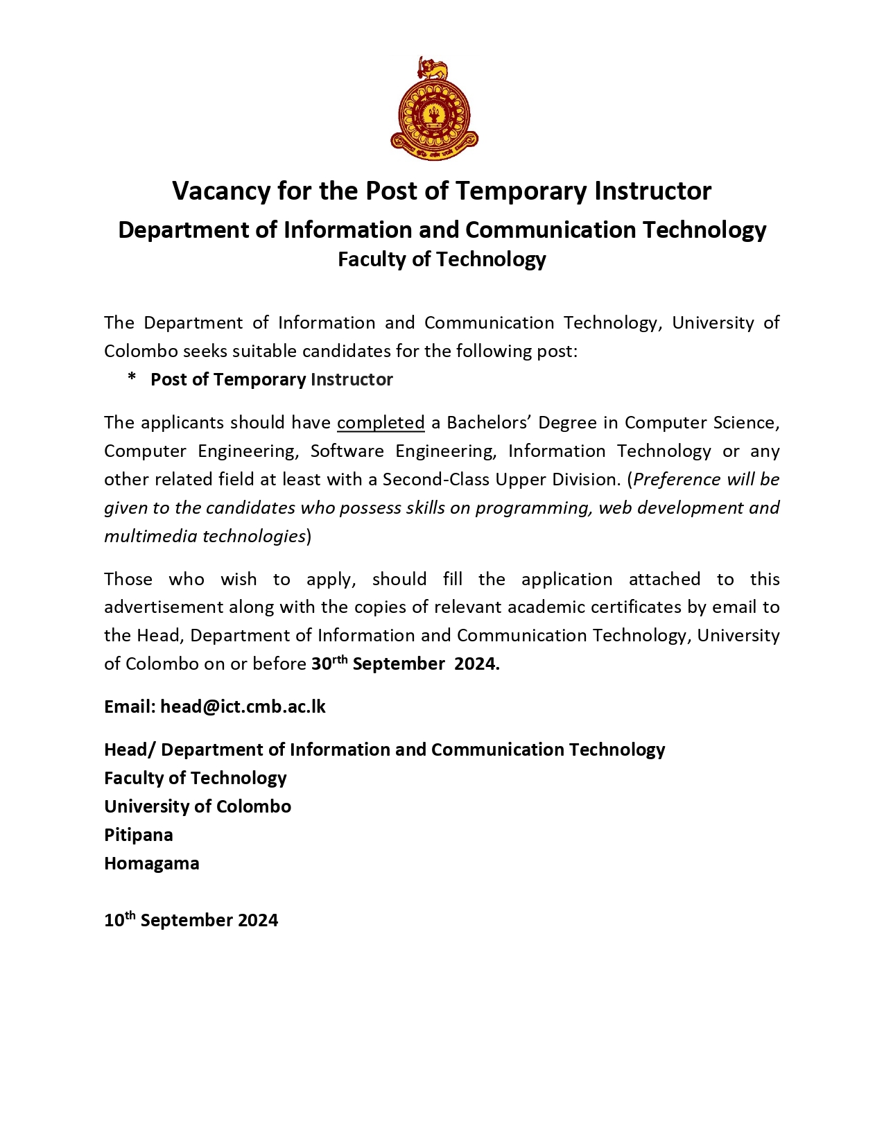 VACANCY – POST OF TEMPORORY INSTRUCTOR (ICT)