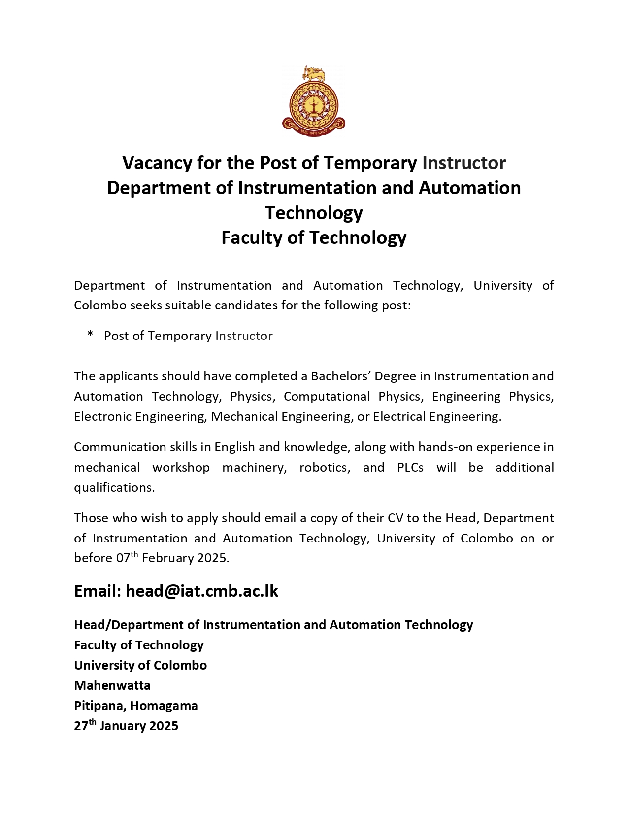 VACANCY – POST OF TEMPORORY INSTRUCTOR (IAT)