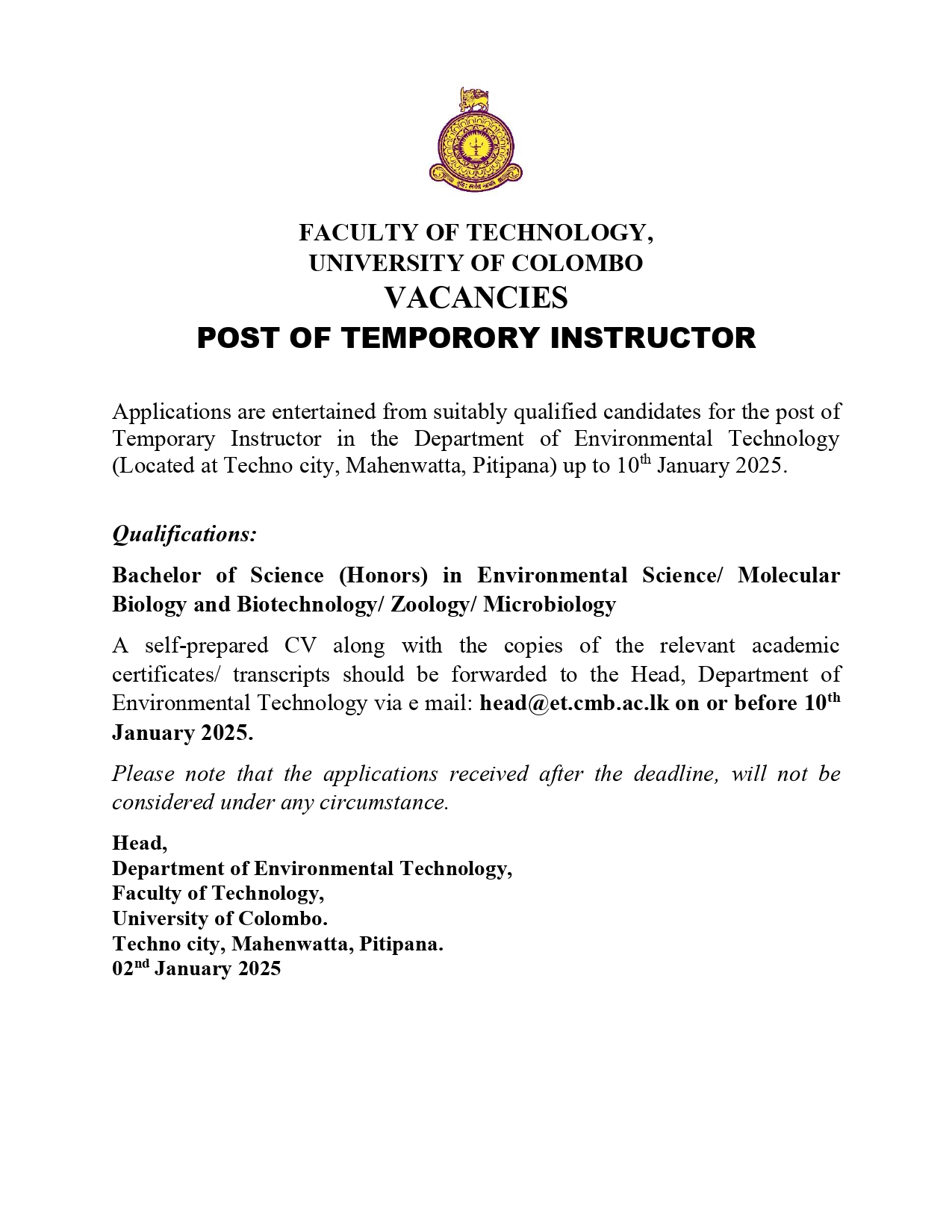 VACANCY – POST OF TEMPORORY INSTRUCTOR (ET)