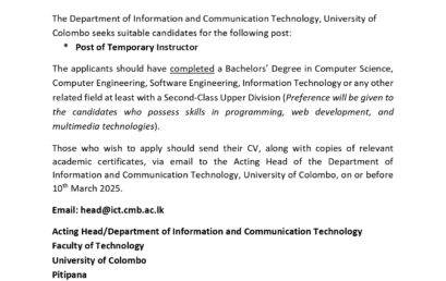 VACANCY – POST OF TEMPORORY INSTRUCTOR (ICT)