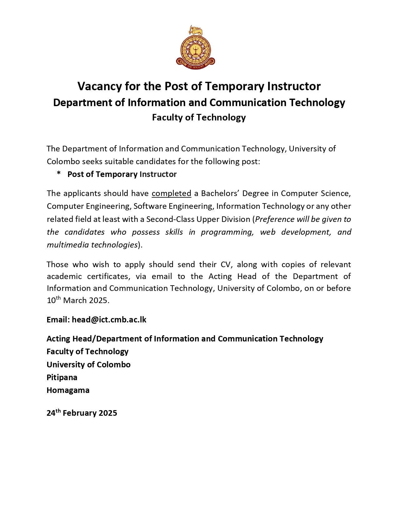 VACANCY – POST OF TEMPORORY INSTRUCTOR (ICT)