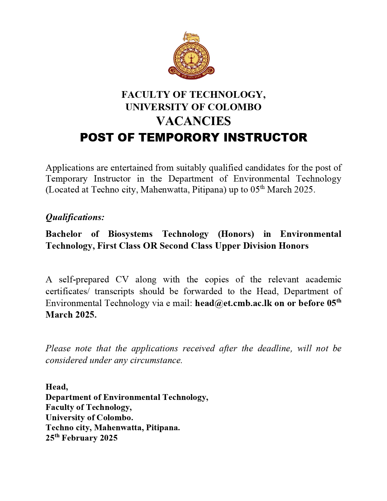 VACANCY – POST OF TEMPORORY INSTRUCTOR (ET)