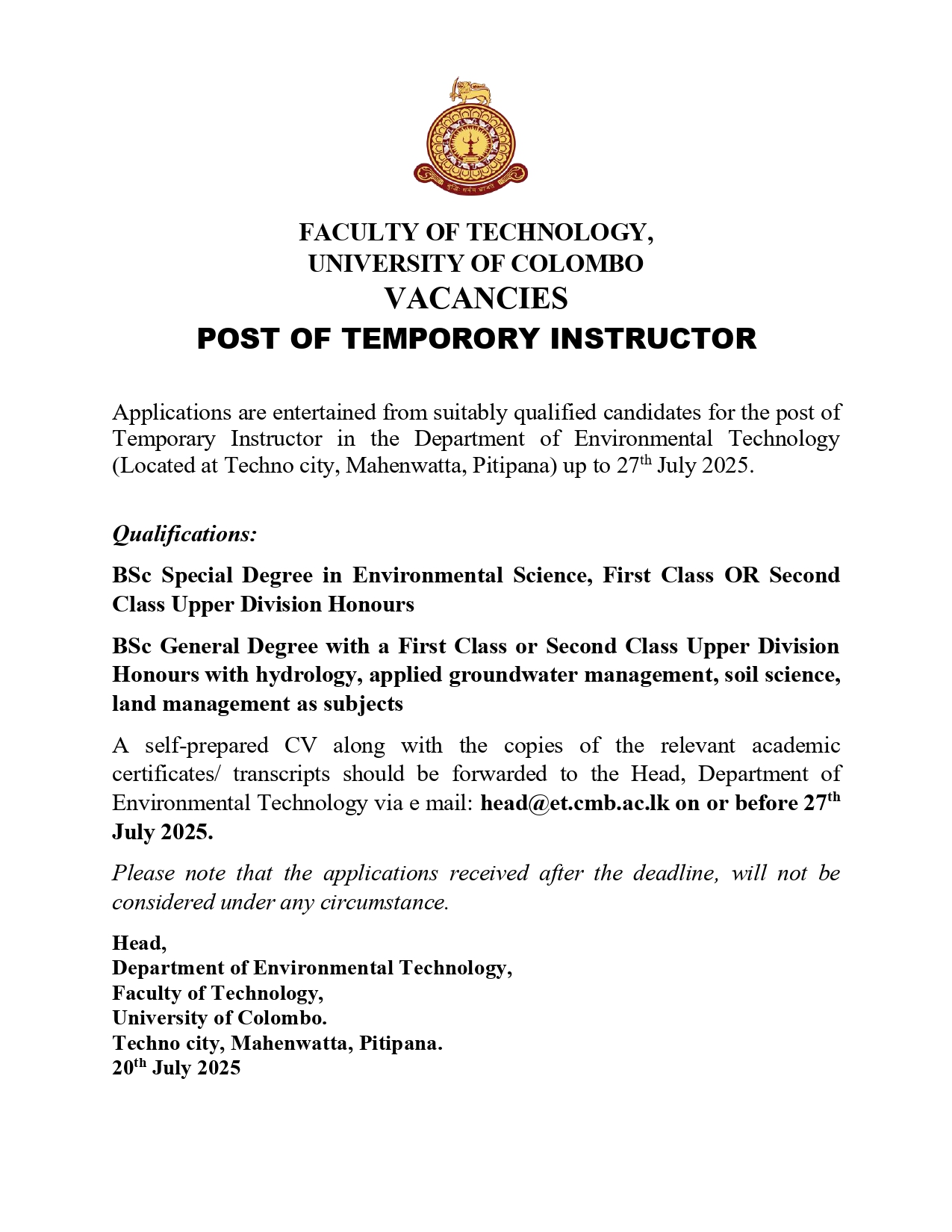 VACANCY – POST OF TEMPORORY INSTRUCTOR (ET)