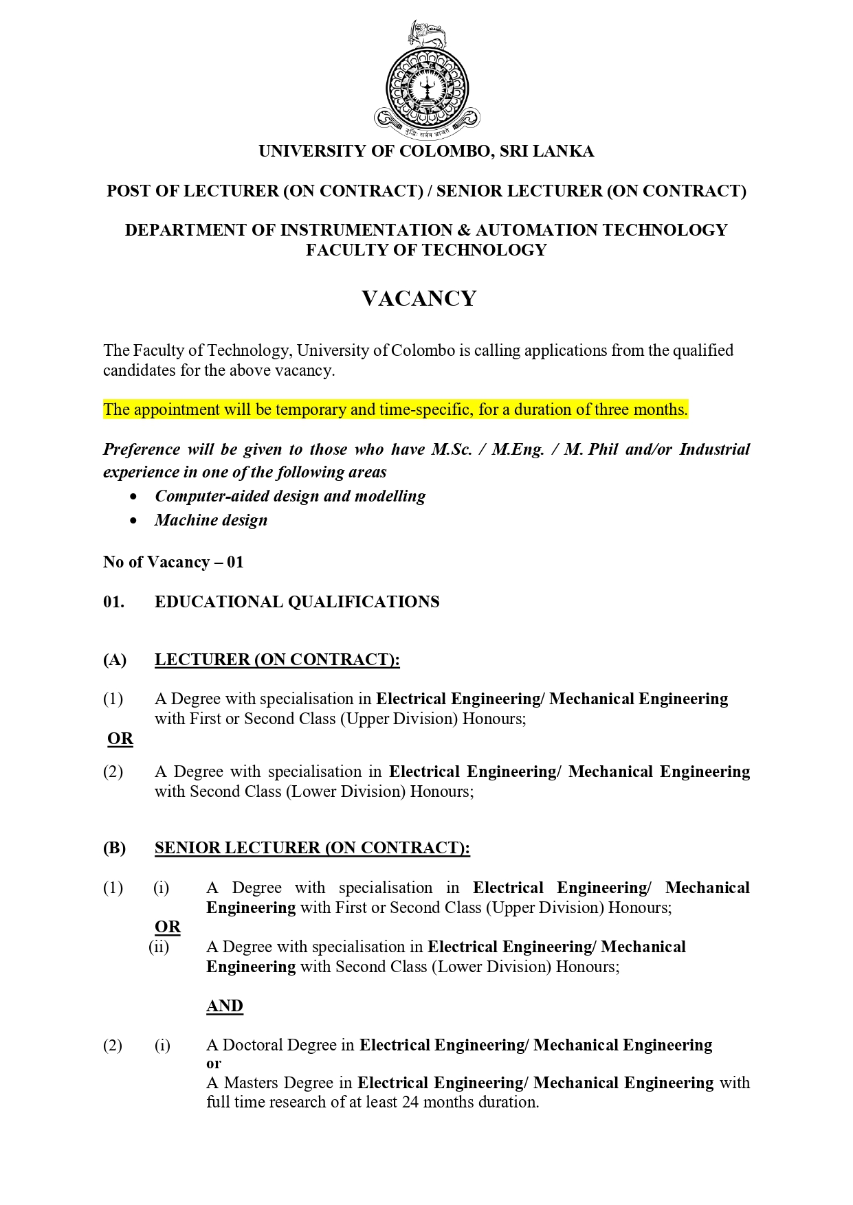 POST OF LECTURER (ON CONTRACT) / SENIOR LECTURER (ON CONTRACT)