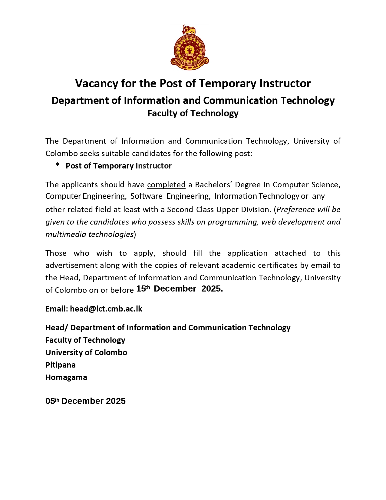 Post of Temporary Instructor Vacancy – Dept. of ICT