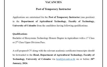 VACANCIES – POST OF TEMPORARY INSTRUCTOR (AT)