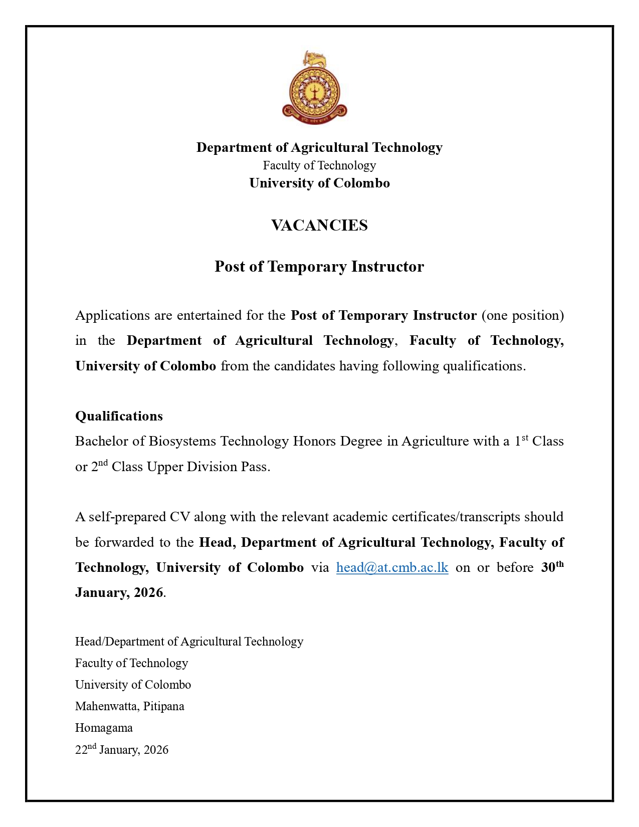 VACANCIES – POST OF TEMPORARY INSTRUCTOR (AT)