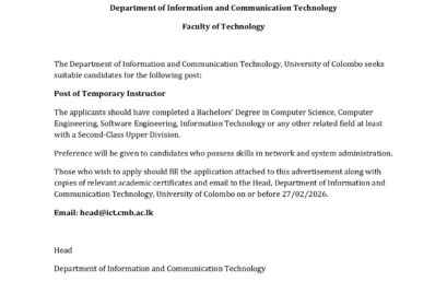 Vacancy for the Post of Temporary Instructor –  Department of ICT