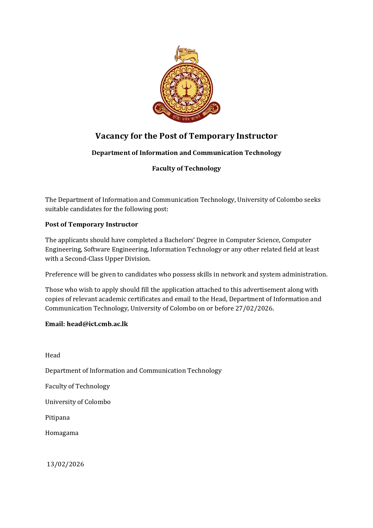 Vacancy for the Post of Temporary Instructor –  Department of ICT