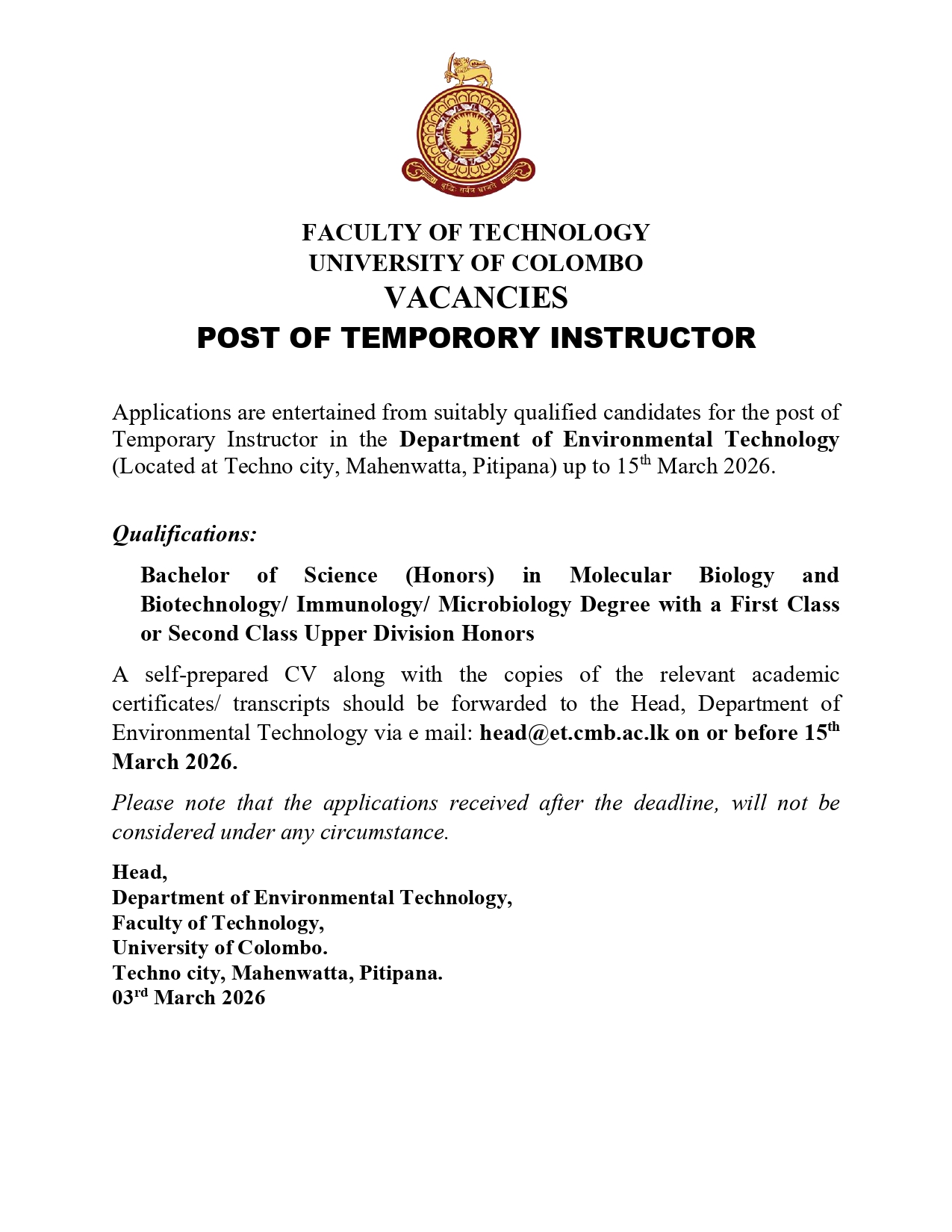 VACANCY – POST OF TEMPORORY INSTRUCTOR (ET)
