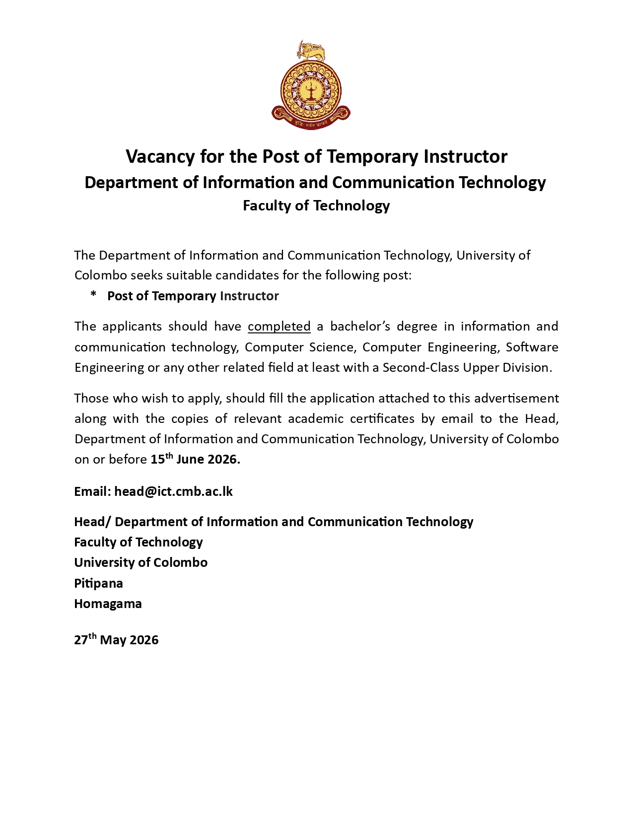 Vacancy for the Post of Temporary Instructor – Department of ICT