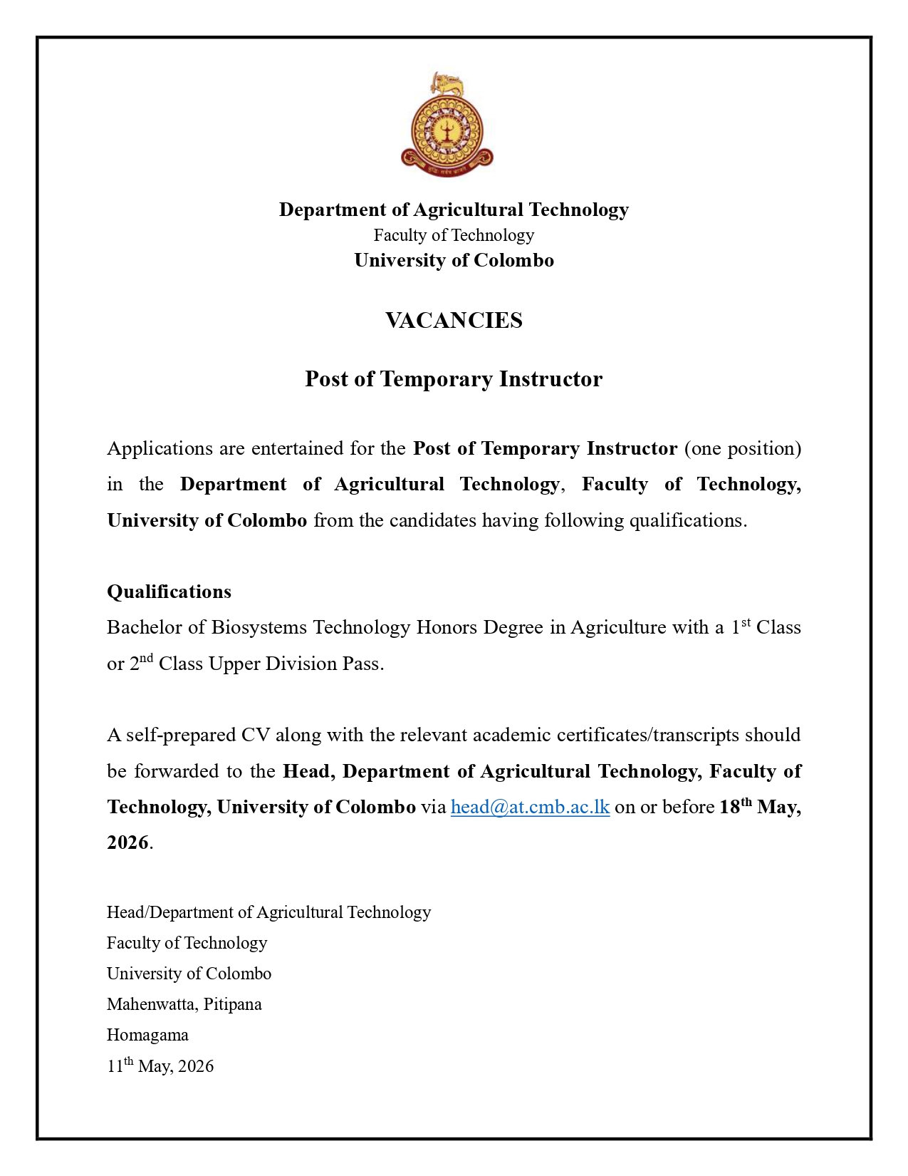 Vacancy for the Post of Temporary Instructor – Department of AT