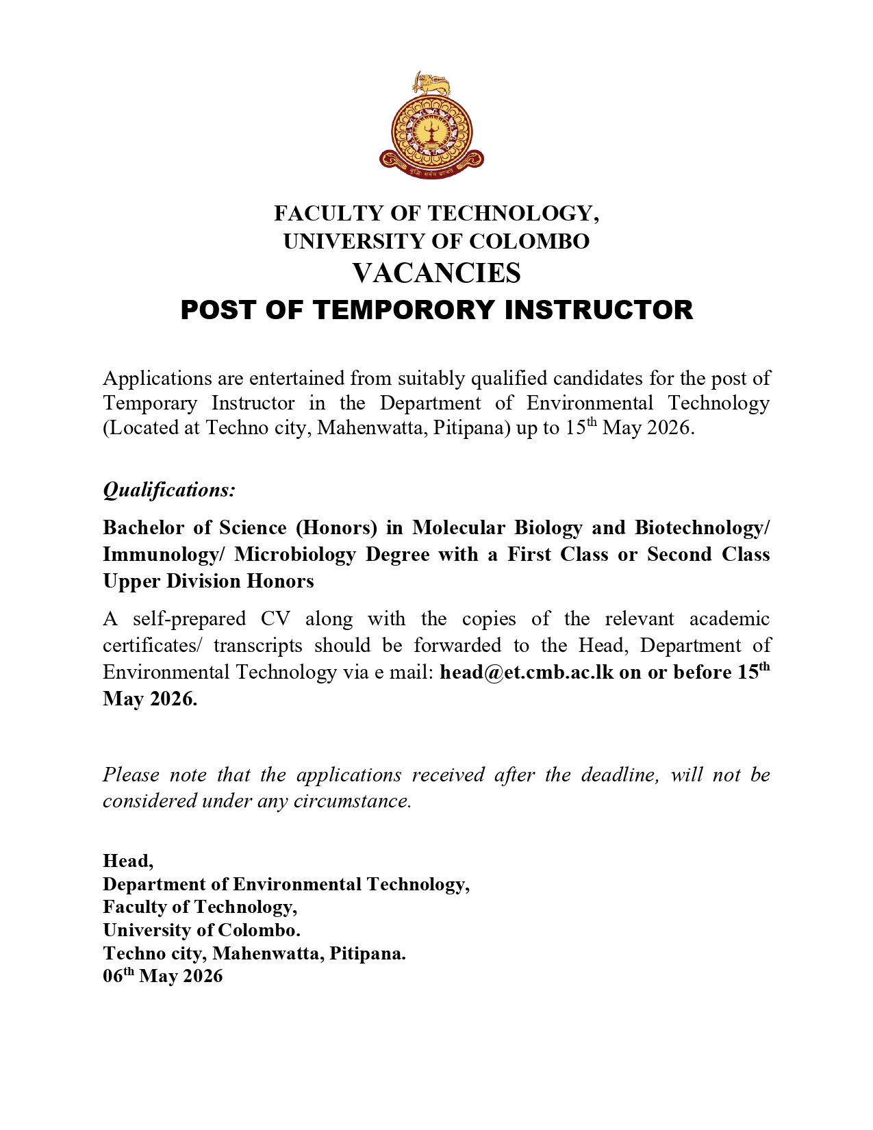Vacancy for the Post of Temporary Instructor – Department of ET